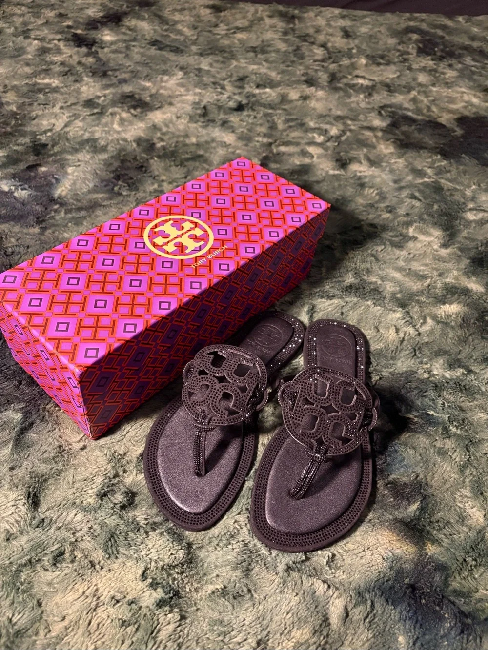 Tory Burch Black Crystal Logo Toe-Post Sandal